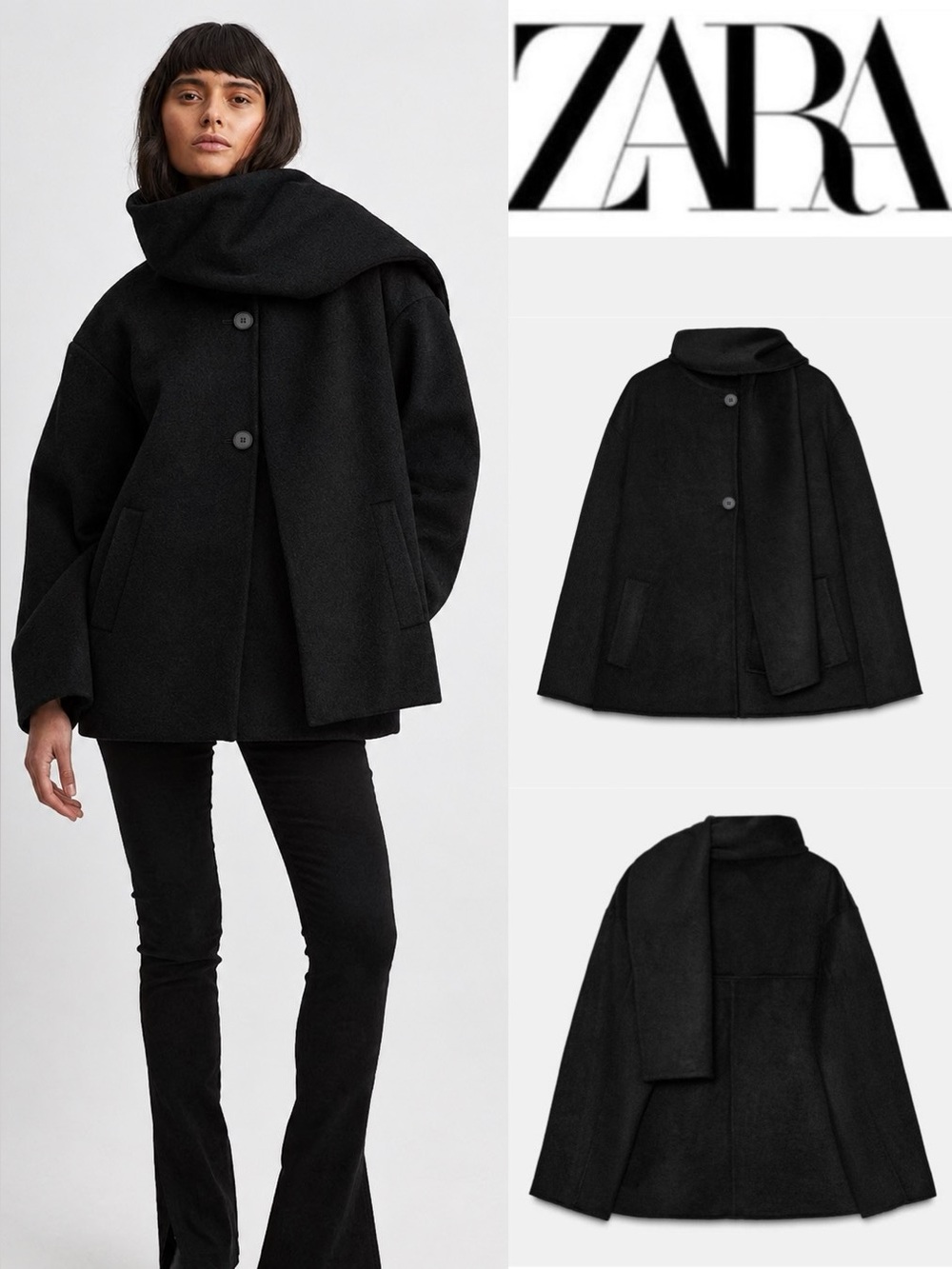 ZARA WOOL BLEND SHORT COAT WITH DETACHABLE SCARF - BLACK